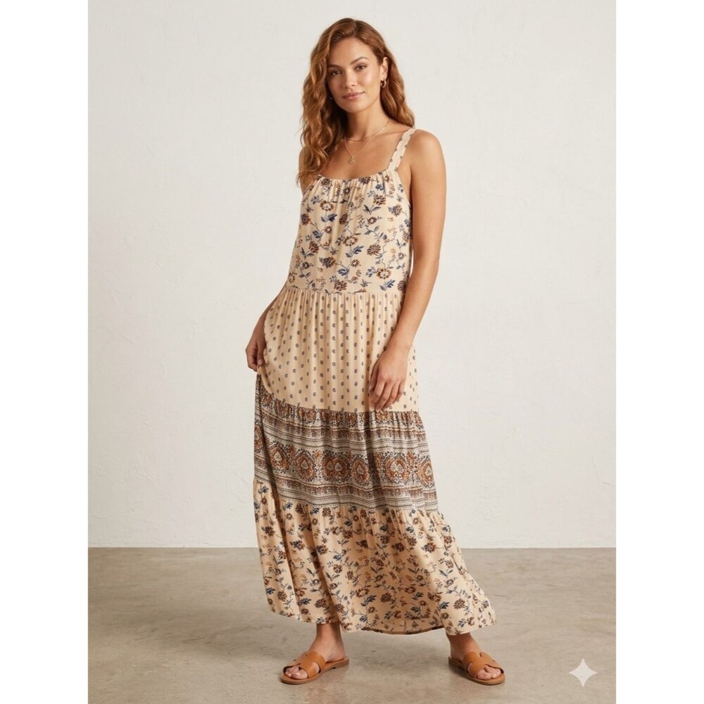 Wonderly Beige Floral Tiered Maxi Dress